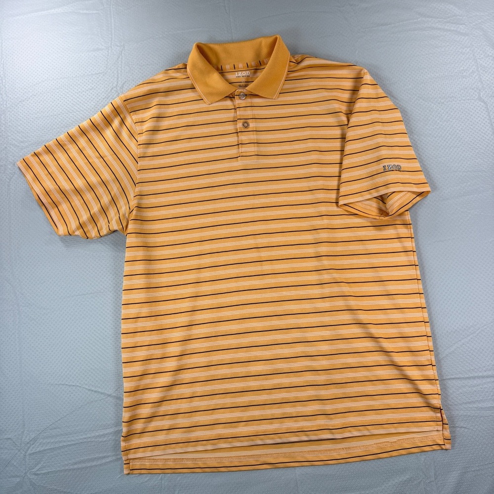 IZOD Pro Series Mens Large Golf Polo Shirt Striped Yellow Orange Performance